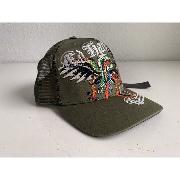 Ed Hardy Trucker Hat Embroidered Rhinestone Dragon Tattoo Snapback Cap Green NEW - Picture 5 of 14